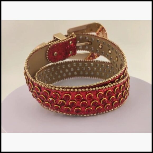Studded Rhinestone Belt with Removable Buckle - Faux Leather Western Style